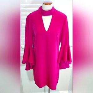 Milly Violet High Neck V Peep Front & Back Bell Sleeve Dress with Small Flaw